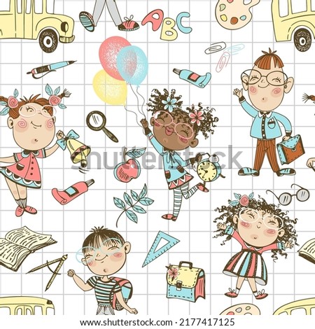 Seamless pattern on a school theme with schoolchildren and school accessories. Back to school. The school bus.  Vector