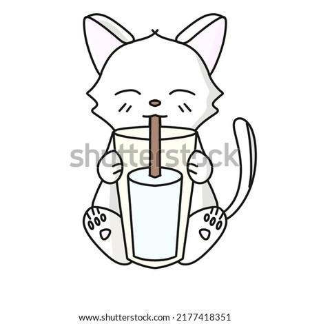 The cat drinks, in the style of one line, minimalistic and cute illustration