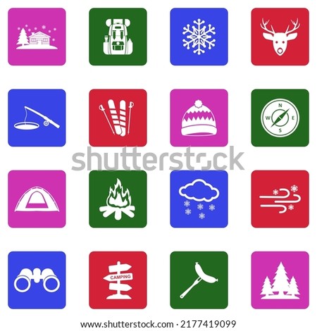 Winter Camp Icons. White Flat Collection In Square. Vector Illustration.
