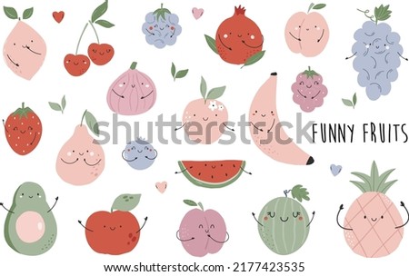 Set of funny colorful fruit characters grape, avocado, watermelon, pear, colorful flat illustrations