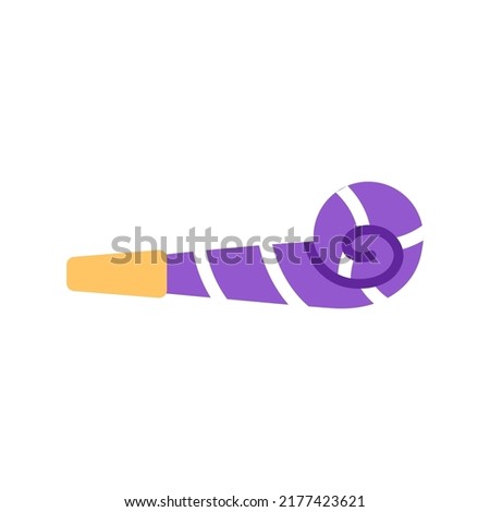 Color Birthday whistle flat icon isolated on white background. Striped event decoration design. Purple anniversary celebration kid toy. Fun festival party blowing noisemaker object vector illustration Royalty-Free Stock Photo #2177423621
