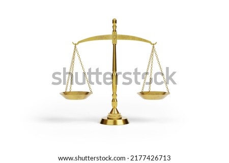 Gold brass balance scale isolated on white background.
