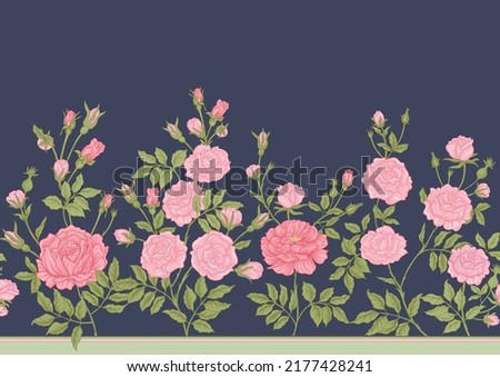 Roses flowers on branches. Millefleurs trendy floral design. Seamless border pattern, linear ornament, ribbon Vector illustration. On blue denim background