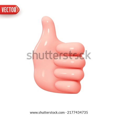 Hand thumb up. Pink Hand gesture of approval class. Realistic 3d design element In plastic cartoon style. Icon isolated on white background. Vector illustration
