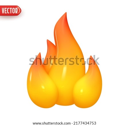 Flame fire yellow red colors. Realistic 3d design element In plastic cartoon style. Icon isolated on white background. Vector illustration