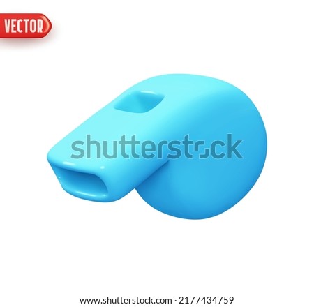 Sports whistle blue color. Realistic 3d design element In plastic cartoon style. Icon isolated on white background. Vector illustration