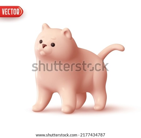 Cute pink cat. Realistic 3d design element In plastic cartoon style. Icon isolated on white background. Vector illustration