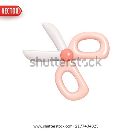 Office stationery scissors. Realistic 3d design element In plastic cartoon style. Icon isolated on white background. Vector illustration