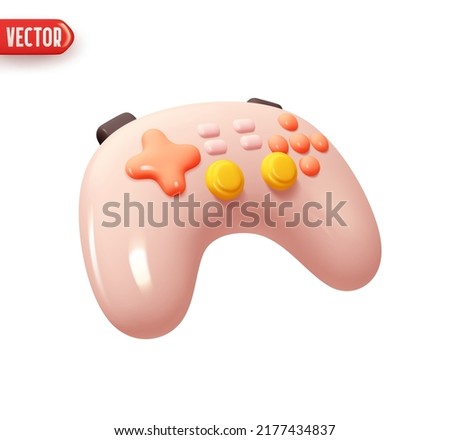 Game controllers gamepads. Modern game joystick. Realistic 3d design element In plastic cartoon style. Pink Icon isolated on white background. Vector illustration Royalty-Free Stock Photo #2177434837