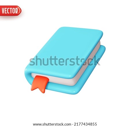 Book with bookmark. Blue Notebook cover up. Realistic 3d design element In plastic cartoon style. Icon isolated on white background. Vector illustration