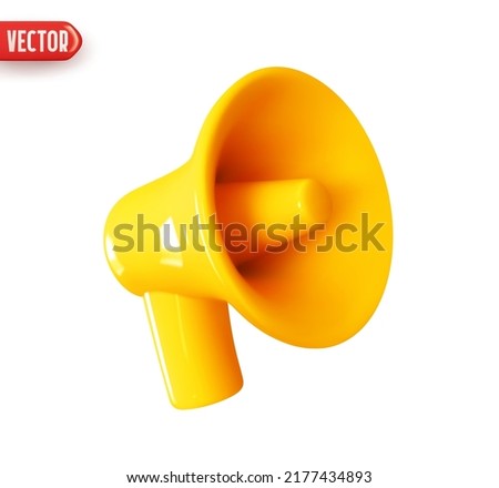 Megaphone Speaker. Loudspeaker yellow color. Speaking trumpet. Realistic 3d design element In plastic cartoon style. Icon isolated on white background. Vector illustration Royalty-Free Stock Photo #2177434893