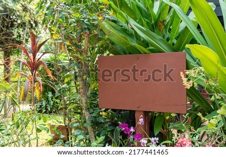 Blank sign with copy space, wooden sign with green leaves and flower, rustic wooden board as a symbol for advertising.