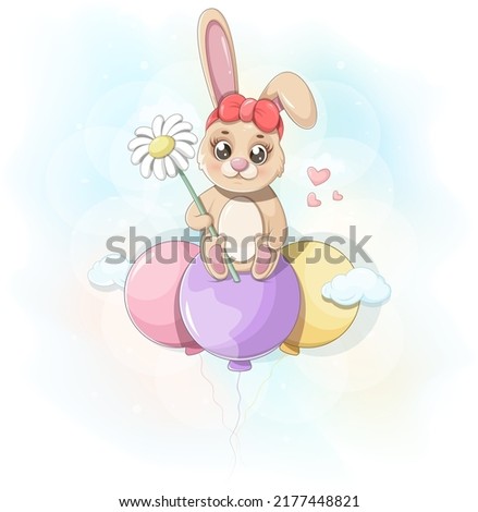 Cute cartoon bunny with a flower is flying on balloons