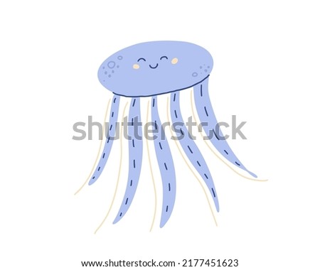 Cute smiling jellyfish or medusa in Scandinavian style. Happy funny sea, ocean dwaller, underwater creature character. Kids cartoon vector illustration isolated on white background