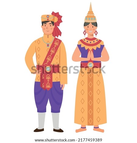 Cartoon men's and women's thailand costume, character for children. Flat vector illustration