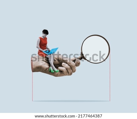 A woman with a laptop sits on a magnifying glass. Art collage.