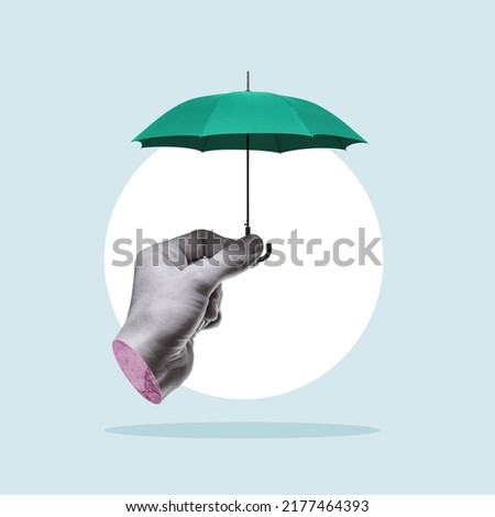 Hide under an umbrella from problems. Art collage. Royalty-Free Stock Photo #2177464393