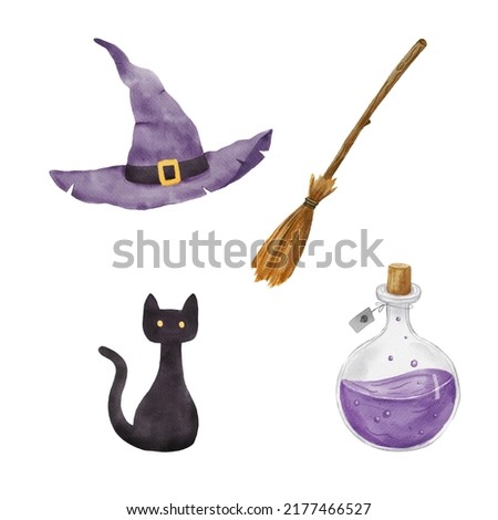 Watercolor magic flask with purple poison potion, witch hat and black cat. Illustration for Halloween isolated on white