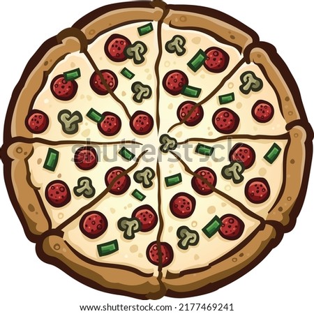 Large deluxe pizza pie covered in pepperoni green peppers and mushrooms cartoon vector illustration