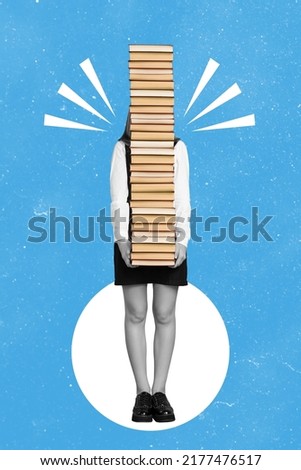 Vertical collage picture of school girl black white gamma hold huge pile stack book isolated in painted blue background