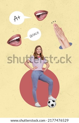 Vertical collage picture of happy sporty girl football player painted mouth shout say goal arm palms clapping isolated on creative background