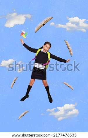 Vertical collage image of amazed excited girl hold windmill spinner flying book isolated on drawing clouds sky background