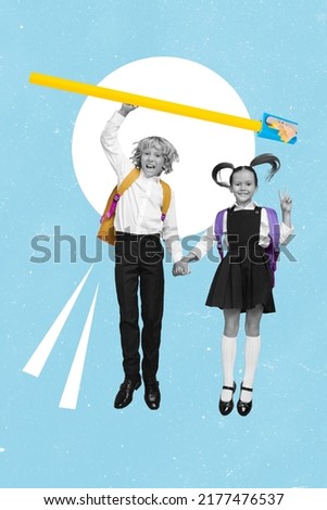 Vertical collage image of two kids black white gamma hold arms big pencil sharpener isolated on creative background