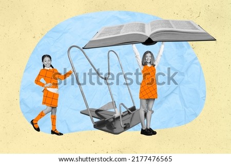 Creative collage picture of two small girls black white effect book holder isolated on painted background