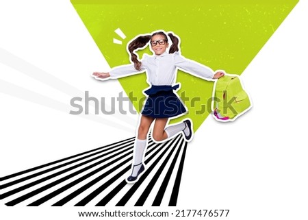 Creative collage picture of excited little girl hold backpack running painted zebra pedestrian crossing isolated on drawing background