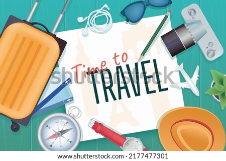 Time to travel background in cartoon design in top view. Wallpaper with composition of suitcase, flight tickets, compass, camera, hat and other. Vector illustration for poster or banner template