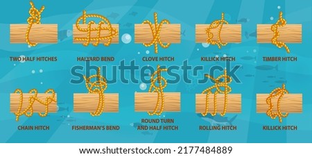 Yellow nautical rope knot, interweaving of ropes, tapes or other flexible linear materials. Twisted tape set of rope knots, hitches, bows, bends. Fastening any tackle or connection between two cables