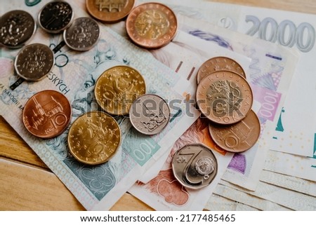 Czech cash money close-up background. Czech Crown. Ceska koruna. Bill paper new banknotes and coins. Monetary policy. Global trade. . High quality photo