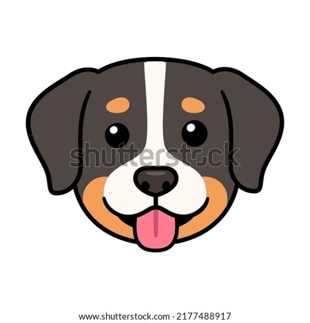 Funny cartoon Bernese Mountain dog head drawing. Cute Sennenhund puppy portrait, vector clip art illustration.