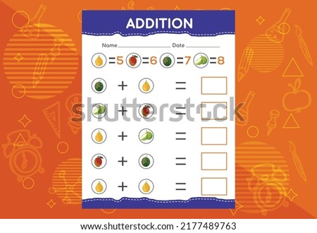 Addition with different vegetables for kids. An educational worksheet for kids. Vector design