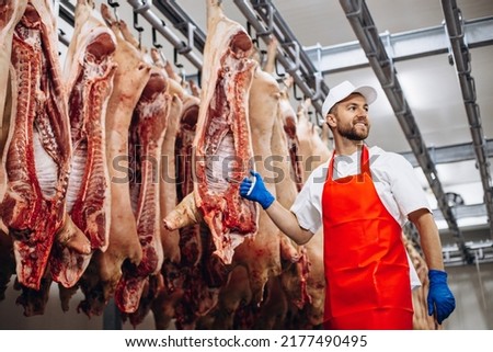 Man butcher standing in meat freezer holding hook