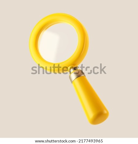 3d yellow magnifying glass icon isolated on gray background. Render minimal transparent loupe search icon for finding, reading, research, analysis information. 3d cartoon realistic vector Royalty-Free Stock Photo #2177493965