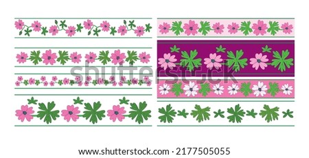 flowers with green leaves - floral seamless borders as decorative dividers - vector set