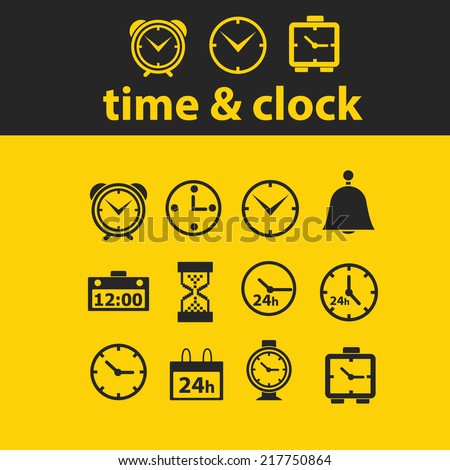 time, clock icons, signs, illustrations, vectors, symbols set