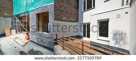 Backyard building facade repair and insulation before and after Royalty-Free Stock Photo #2177509789