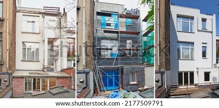 Three steps of Backyard building facade repair and insulation before and after Royalty-Free Stock Photo #2177509791