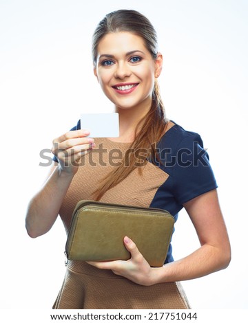 Business woman show credit card, white background  portrait. isolated