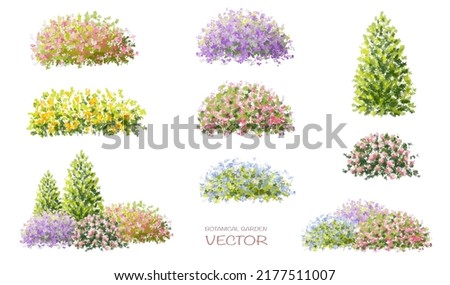 Vector set of four seasons ,watercolor blooming flower tree side view isolated on white background for landscape and architecture drawing,elements for environment or and garden,botanical elem
