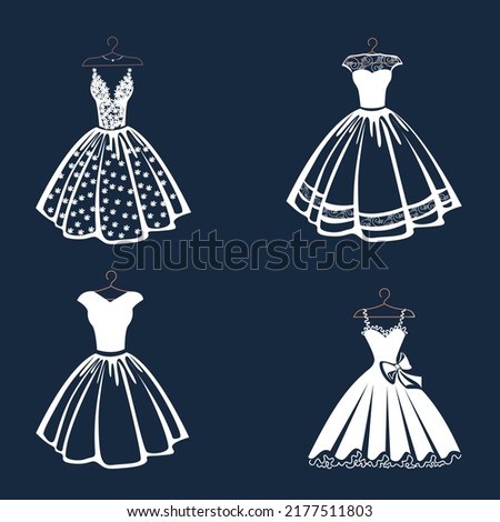 Vector set of lacy wedding dresses on a hanger. Silhouette of a beautiful female outfit. For designing a flyer, poster or advertising in social networks.