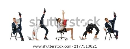 Flexible office workers in business suits with folders, coffee, tablet in motion, action isolated on white background. Collage, set, flyer. Business, start-up, open-space, motion, action.