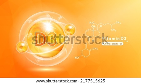 Vitamin D3 orange and structure. Pill vitamins complex and bubble collagen serum chemical formula. Beauty treatment nutrition skin care design. Medical and scientific concepts. 3D Vector EPS10. Royalty-Free Stock Photo #2177515625