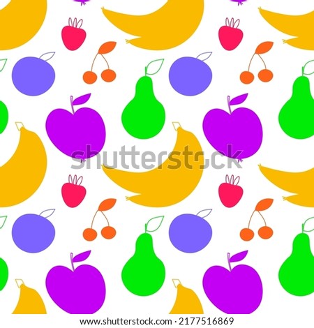 Abstract seamless pattern with fruits and berries. Summer. Food background. Strawberry. Apple. Oranges. Grapes. Banana. Endless print silhouette texture - vector EPS