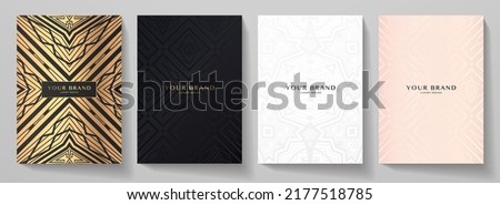 Luxury premium cover design set. Abstract background with gold, pink, black, white line pattern. Royal vector template for vertical menu, brochure, flyer layout, lux invite card