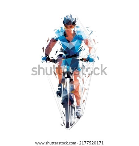 Mountain biking, cycling logo. Abstract low polygonal isolated vector illustration, geometric drawing from triangles. Biker, front view. Eletric bike Royalty-Free Stock Photo #2177520171