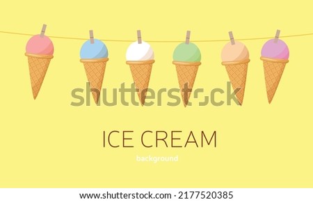 Ice cream on rope and border in craft style. Tasty bright icecream stick and cones summer on retro background for package design, promotion flyer Vector card illustration in papercutting art style.