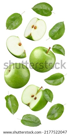 Green apple isolated on white background. Green apple with leaf. Full depth of field with clipping path